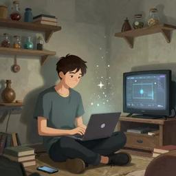 a skinny computer nerd guy sitting on the floor of his room, crossed legs, laptop, smartphone, video games, tv, books, potions, jars, shelves, knick knacks, tranquil, calm, sparkles in the air, magic aesthetic, fantasy aesthetic, faded effect, illustration, digital illustration, detailed, highly detailed, 4K