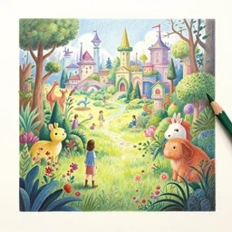 Colored pencil art on paper, highly detailed, artstation, People, Plants and Trees, Animals, Magical Creatures, buildings, scenery, enchanted landscapes, PrismaColor