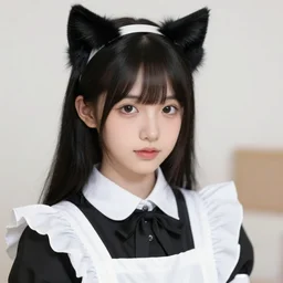 realistic beautiful gorgeous natural cute fantasy young teenager girl black hair cute black cat ears in maid dress outfit beautiful eyes artwork drawn full HD 4K highest quality in artstyle by professional artists WLOP, Taejune Kim, Guweiz, ArtGerm on Artstation Pixiv
