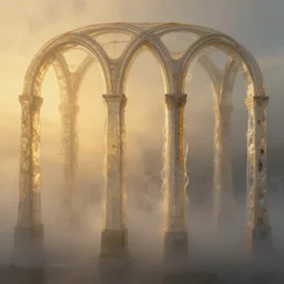 7 0 mm photograph of vellum and mesoglea - transparent colloid layers ambiently occluding and striating, coalescing from the mist, forming a detailed sculptural recreation of the arches from roger dean's paintings, dramatic lighting, golden hour, cinematic, 8 k