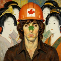 A beautiful painting of jim morrison in t-sirth with canada leaf and builder helmet on the head surrounded by japanise women. Painting by Nikolai Rerikh, Trending on artstation