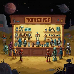 in front of a store selling robots and robot parts, in a remote outpost, on an alien planet, from a space themed point and click 2 d graphic adventure game, set design inspired slightly by ( tomb raider ), art inspired by [ [ [ thomas kinkade ] ] ] and mark keathley