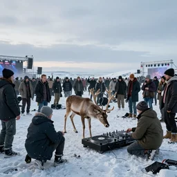 “eskimo people crowd mosh pit on a rave in tundra with a deer playing on turntables, beautiful matte painting, hyperrealism, octane render, hasselblad photo”