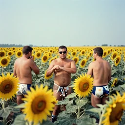 sumo wrestlers in a sunflower field, 3 5 mm photograph, faded colors, kodakchrome, canon ae 1