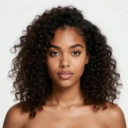 a very beautiful, sexy girl with dark complexion, long, curly, afro hair, round face, stylistic oval black eyes, half - frame square glasses, grey hoodie opened, white tank top, white gloves, jeans, character art, digital art, cel shaded