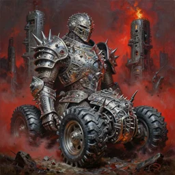fine art oil painting varied muck jeweled, filthy, doubled, spiked, rugated armored chrome dipped, snow tires year 3 0 0 0, as massive brutalist structures, claustrophobic cilia sporing pox, final battle failure, red mustard gas fog, by alex nino, walt peregoy high resolution, hyper detailed, cinematic, ornate masterpiece, torch light shot by