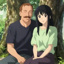 photorealistic, highly detailed Jimmy McGill meets a beautiful smiling anime girl with black hair and hime cut sitting under a tree, anime key visual, digital art, anime screenshot, kyoto animation, makoto shinkai, trending on artstation