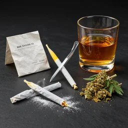 still life with cocaine, marihuana and whiskey, octane render, studio setup, high detail, 4 k