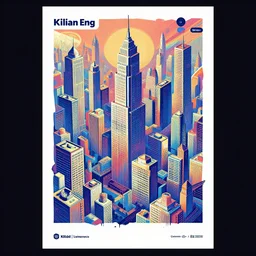 drawing of a city with tall buildings, poster art by kilian eng, behance contest winner, psychedelic art, tesseract, dystopian art, parallax