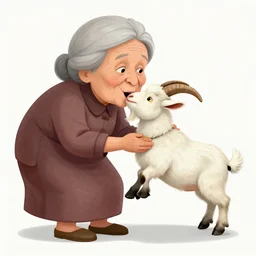 a surrealist cartoon image of an old woman swallowing a whole goat