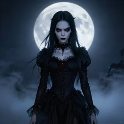 full shot portrait of angry darkness anime girl at moonlight, gothic wearing, inspired by Tim Burton, detailed, unreal engine 4k volumetric light, fog,