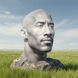 the clouds form the face of dwayne the rock johnson's medium sized head coming out of a rock, looking out on a field of short grass
