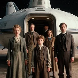 sharp,  still from a sci fi blockbuster movie made in 2022, set in 1860, of a family leaving a spaceship, that has just landed on an alien planet, wearing 1850s era clothes, good lighting, 8k, in focus faces, oscar winner, high quality photography, 35mm macro lens