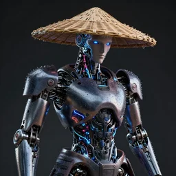ultra realistic studio shot of a robot samurai with straw hat has neon veins, cinematic, wet reflections, liflike, unreal engine 5, octane, smooth, rtx, ray tracing, hyper detailed, hyper realism, fantasy