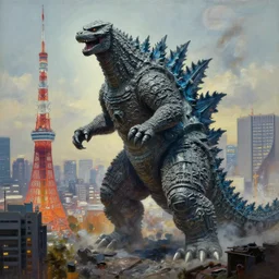 a hyper-realistic stunning oil painting of a giant Godzilla destroying Neo Tokyo; hyper-detailed!!!; an extraordinary masterpiece!!!; flawless; trending on artstation