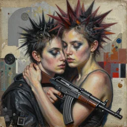 embrace and kill me softly with your uzi detailed and highly reliefed analogue mixed media collage with canvas texture in style of conteporary art, punk art, photorealistic, expressionism, masterpiece, perfect composition, hyperrealistic beautiful face, spectacular quality, intricate oil details