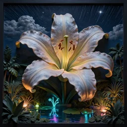 detailed fantastic giant lily in a tropical pond by artstation bruce pennington, bas - relief, dark night, neon lights, reflections ray, tracingstar trails, dramatic light, fluffy clouds, digital painting, igh detailed, 8 k render, perfect shape, hyperrealistic
