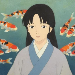 a portrait painting of a character in a scenic environment, texture by nobuhiko obayashi, koi carp swimming in the background