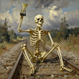 painting by dean cornwell, ilya repin, nc wyeth painting, dusty cobweb skeleton at the rail road, he is the winner!