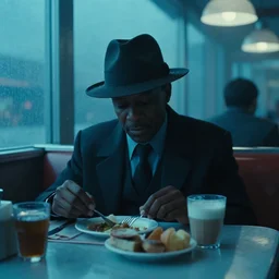 movie scene of an old black detective wearing a fedora hat at, breakfast in a diner. cool blue lighting, moody vibe, rainy day, dark knight ( 2 0 0 8 ) set in 1 9 8 2. light haze. cadillac. cinemascope. scorcese. david fincher se 7 en. fred herzog