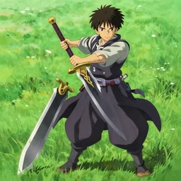a full body portrait of a big warrior man holding a giant sword, buster sword like, pointing the sword forward, dressed like an adventurer, delicate features finely detailed perfect art, green field, gapmoe yandere grimdark, trending on pixiv fanbox, painted by greg rutkowski makoto shinkai takashi takeuchi studio ghibli