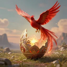 the solarpunk phoenix, red bird, ornate egg, regeneration, landscape, epic composition, volumetric light, bokeh, inspired by leonardo da vinci and by mark briscoe