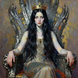 a beautiful black haired woman with pale skin and a crown on her head, sat on an intricate metal throne, illustration, artistic, colourful, hyper detailed, high quality, oil painting by greg rutkowski,