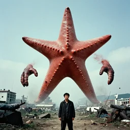 humanoid kaiju starfish creature looming over goryeo pyongyang, cinematic korean thriller produced by kim jong - il, 1 9 5 0 s, kodachrome, cooke varotal 2 0 - 1 0 0 t 3. 1