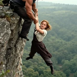 cinematic still from cliffhanger ( 1 9 9 5 ) of emma watson dangling over a cliff being held by large muscle man