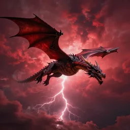 dragon flying through a red thunderstorm.
