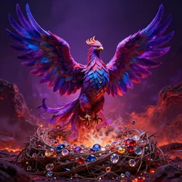 phoenix rising up from the ashes, fantasy art, ultrarealistic, purple red blue colors, in a huge nest of jewels