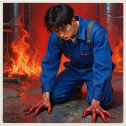 fashion model in a blue factory worker's overalls face looking down at the floor eyes sad tentacles instead of hands, the red glow of fire in the background, hyperrealistic painting, figurative art, poster art