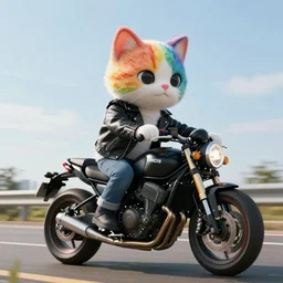 wide angle full body, jacket wearing fluffy cute rainbow kitten wearing a black leather motorcycle jacket, riding on a motorcycle, cinematic concept art