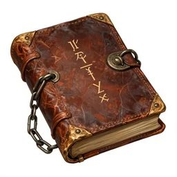 an ancient leather-bound spellbook with heavy metal chains and clasps inscribed with runes; detailed video game concept art trending on artstation