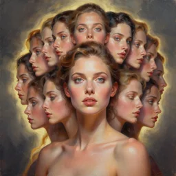 a portrait of a beautiful elegant female entity with 100 faces, backlit, strong rim light, highly detailed, impasto, digital painting, HDRI, skin tones, global illumination, ambient occlusion, Zbrush, by Dan Mumford, Casey Weldon, Peter Mohrbacher, Artgerm, Andreas Rocha, vivid colors, high contrast, 8k resolution, intricate, photorealistic, smooth