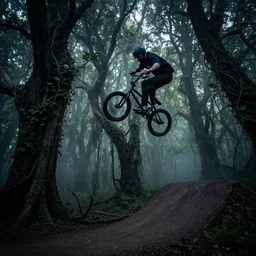 a pro bmx biker doing tricks in a haunted forest filled with twisting old trees, vines, fog and creepy lighting