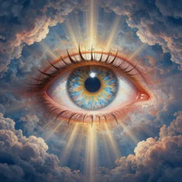 a giant all - seeing eye in a cloudy sky, god rays, beautiful colors, surrealism, visionary art, fractals, matte painting, by christophe vacher