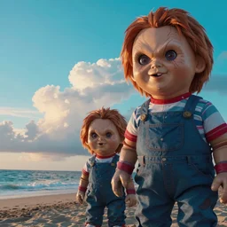 sunset clouds with an ocean in the background and giant screaming chucky dolls on beach, anime aesthetic, bright blue and cyan sky. by greg rutkowski cinematic film ektar 1 6 0
