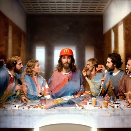 the last supper, but at McDonald's, Jesus wears a McDonald's cap,