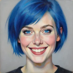 a beautiful painting of a smiling woman with stylish short blue hair and sparkling blue eyes representative of the art style of artgerm and wlop and peter mohrbacher, portrait, mischievous grin
