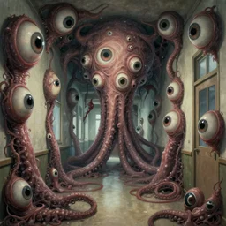 detailed, sharp, a school hallway made of fleshy tentacle covered by numerous giant eyes by Zdzislaw Beksinski, by Junji Ito, by Paul Lehr, digital art, illustration, trending on artstation, HD, 8K, highly detailed, good lighting, beautiful, epic, masterpiece