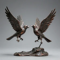 dark dusty metal sculpture of two birds fighting midair , photorealistic, studio lighting, very detailed ,