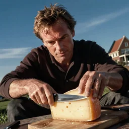 dutch angle shot of ben stiller cutting a piece of cheese.