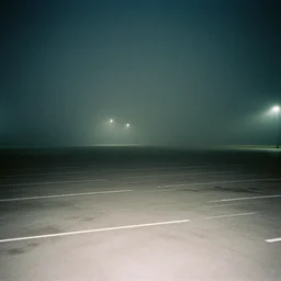 flash photography of a unnaturally expansive empty foggy carpark that goes on forever with no cars