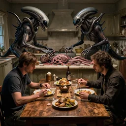 two men eating dinner in an old kitchen with a dead alien autopsy happening on the table by hr giger, greg rutkowski, luis royo and wayne barlowe as a diablo, resident evil, dark souls, bloodborne monster : : hyper realistic, ultrarealistic, realism, photoreal, 8 k : :