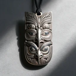carved jewelry inspired by the Haida Gwaii raven spirit totem, symmetrical, high detail, product photo