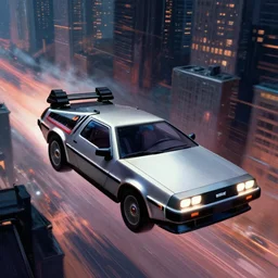 a delorean flying through a cyberpunk city, 4 k, concept art, wadim kashin, john berkey