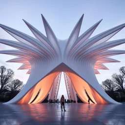 fluid generative pavillion, woman standing, super architecture by zaha hadid, symmetry