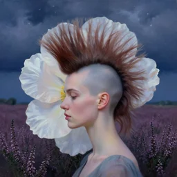 closeup, large flower head mohawk, woman in heather field, surreal photography, starlight, storm clouds, impressionist painting, digital painting, artstation, simon stalenhag