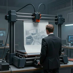 a painting of a human figure wearing a suit being printed from a giant 3 d printer. featured on artstation. detailed scfi - fi. cinematic